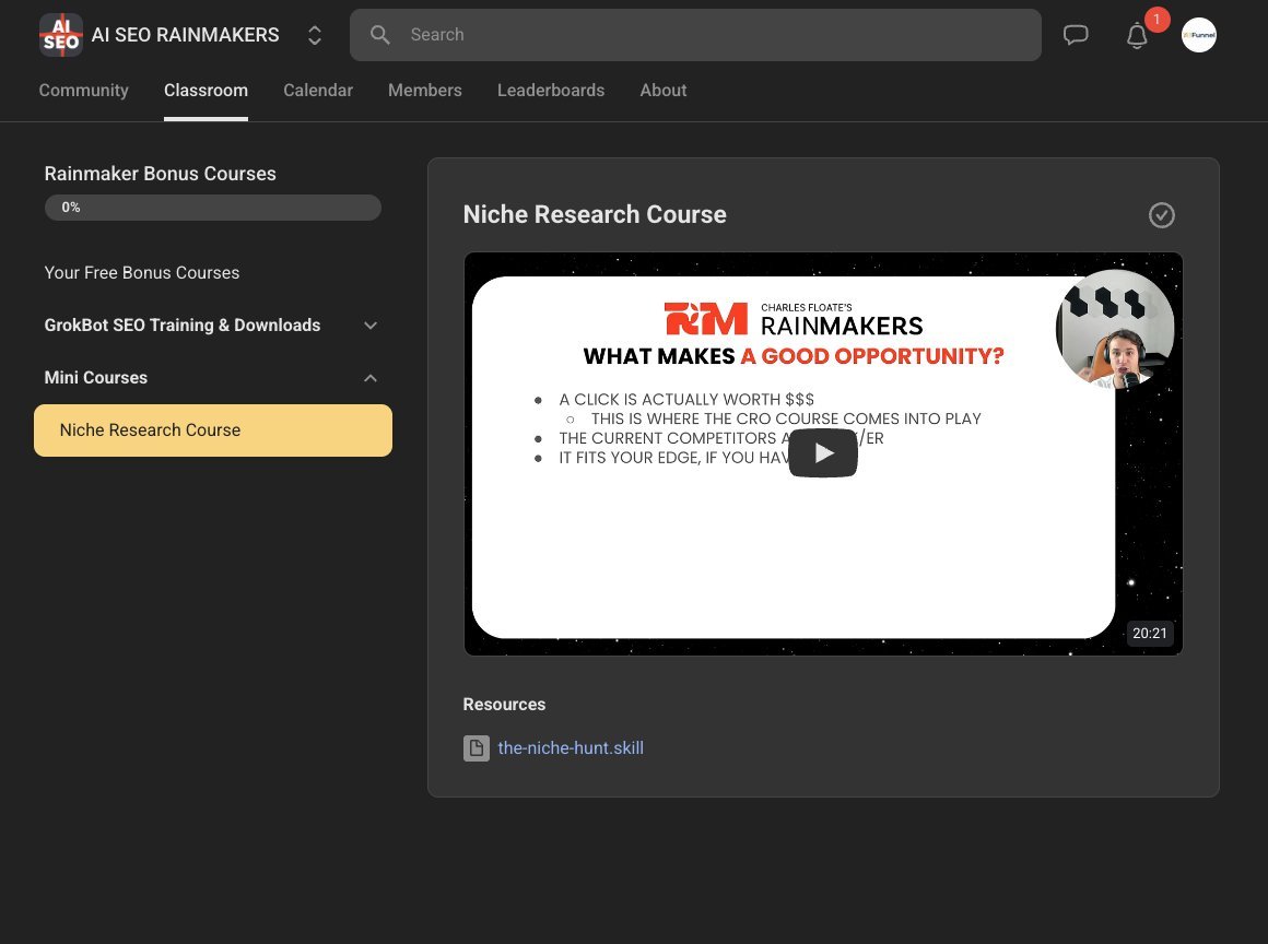 Rainmaker Bonus Courses showing GrokBot SEO training and the Niche Research Course mini course