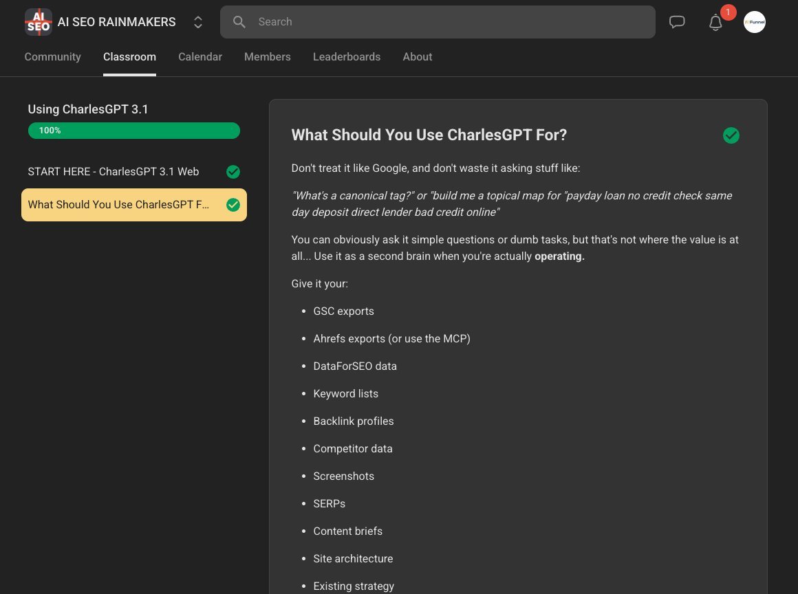 Using CharlesGPT 3.1 course at 100%, showing the lesson What Should You Use CharlesGPT For with a list of data to feed it