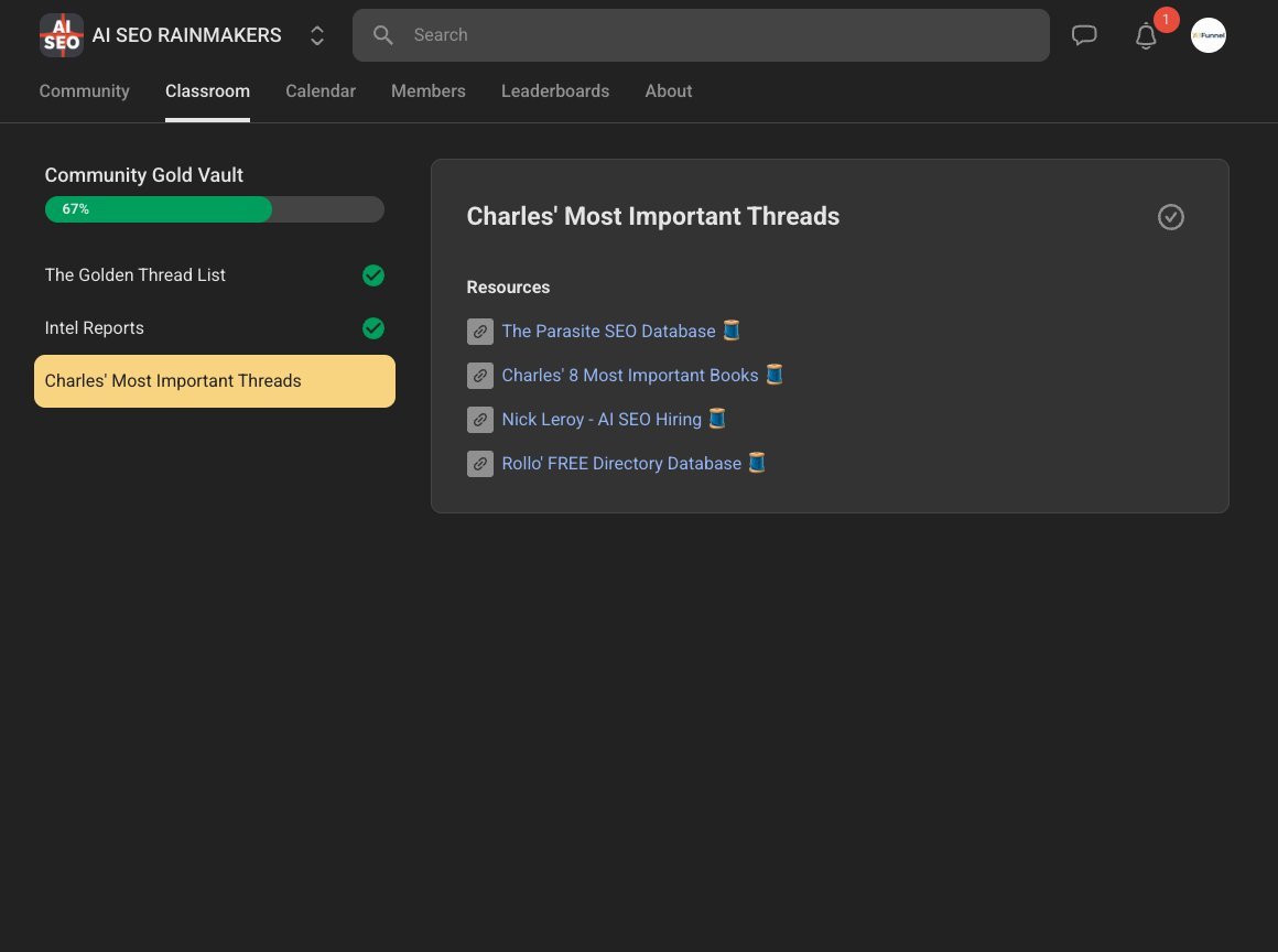 Community Gold Vault with the Golden Thread List, Intel Reports and Charles' Most Important Threads including the Parasite SEO Database