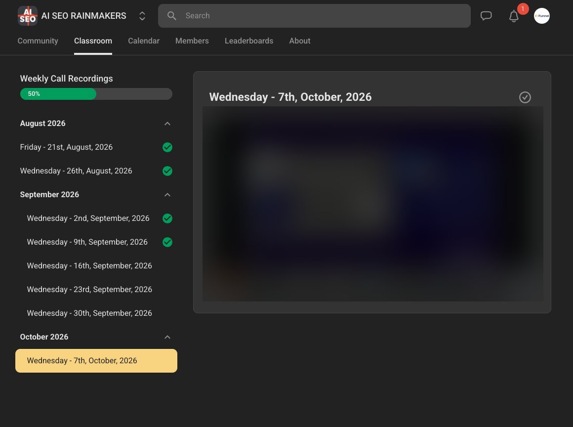 Weekly Call Recordings course listing calls from 21 August to 7 October 2026, with 2 and 9 September ticked as watched