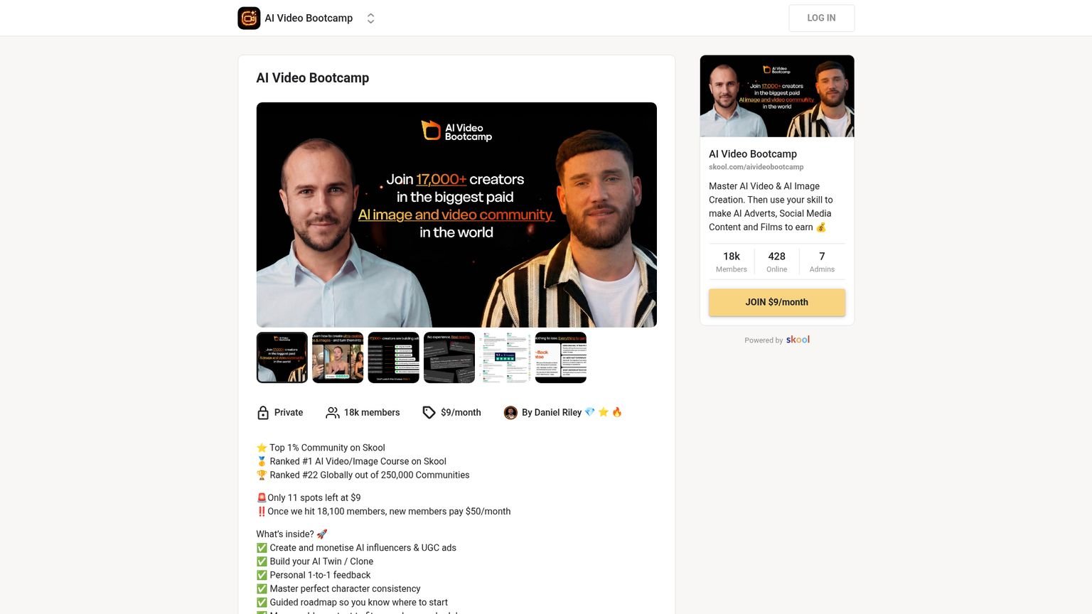 AI Video Bootcamp homepage showing the community about page and join button