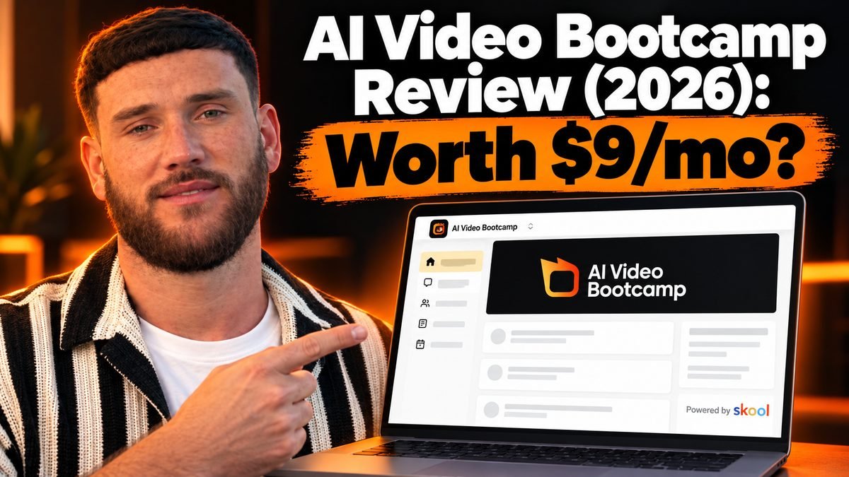 AI Video Bootcamp founder Daniel Riley pointing at the AI Video Bootcamp Skool community on a laptop