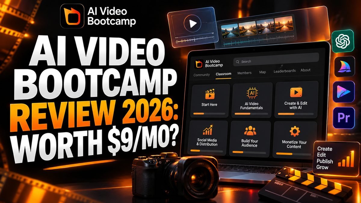 AI Video Bootcamp Skool community homepage showing the 9-phase curriculum and membership count