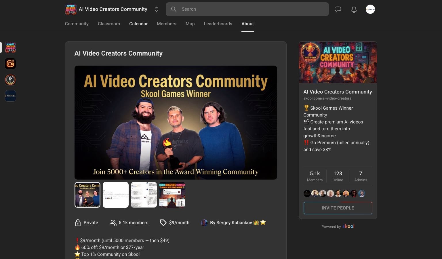 AI Video Creators Community About Page showing 5,100+ members and Skool Games Winner badge