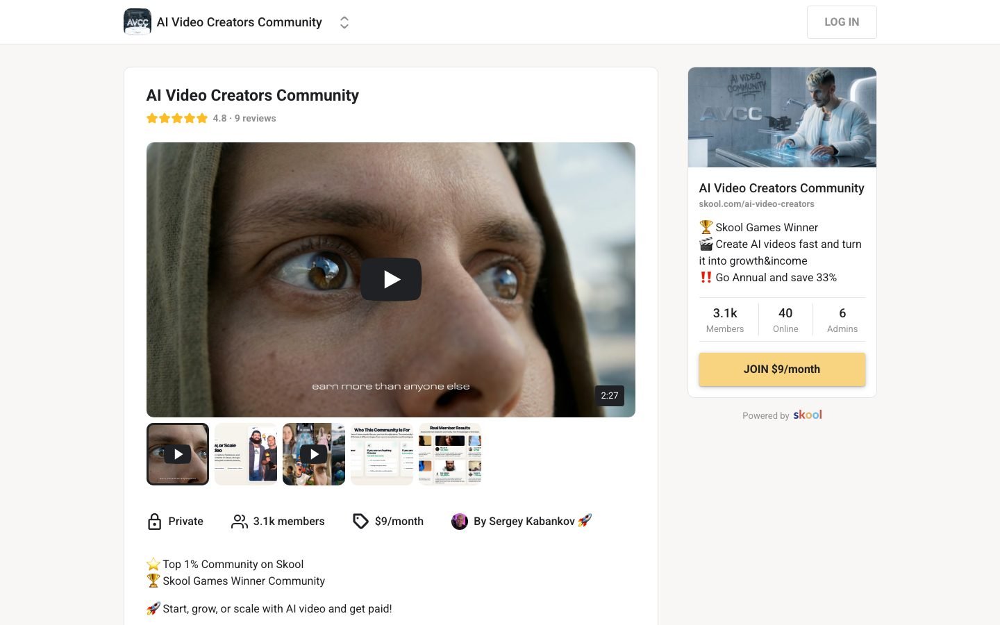 AI Video Creators Skool page showing 3.1k members at $9 per month under Sergey Kabankov