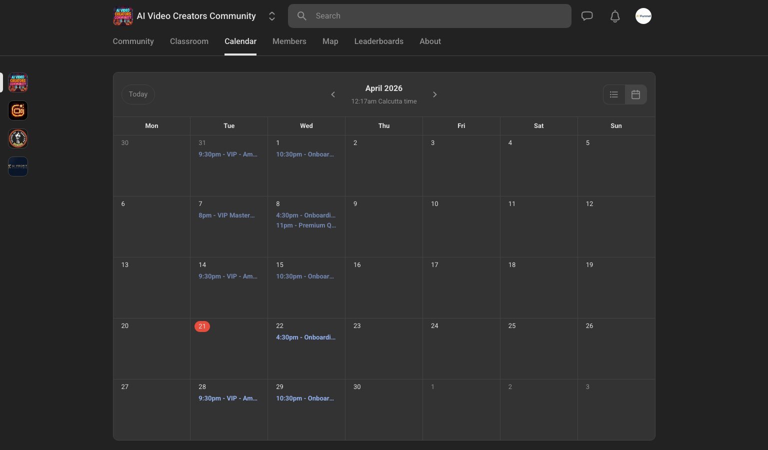 AI Video Creators Community calendar showing scheduled live events, Q&A sessions, and feedback calls