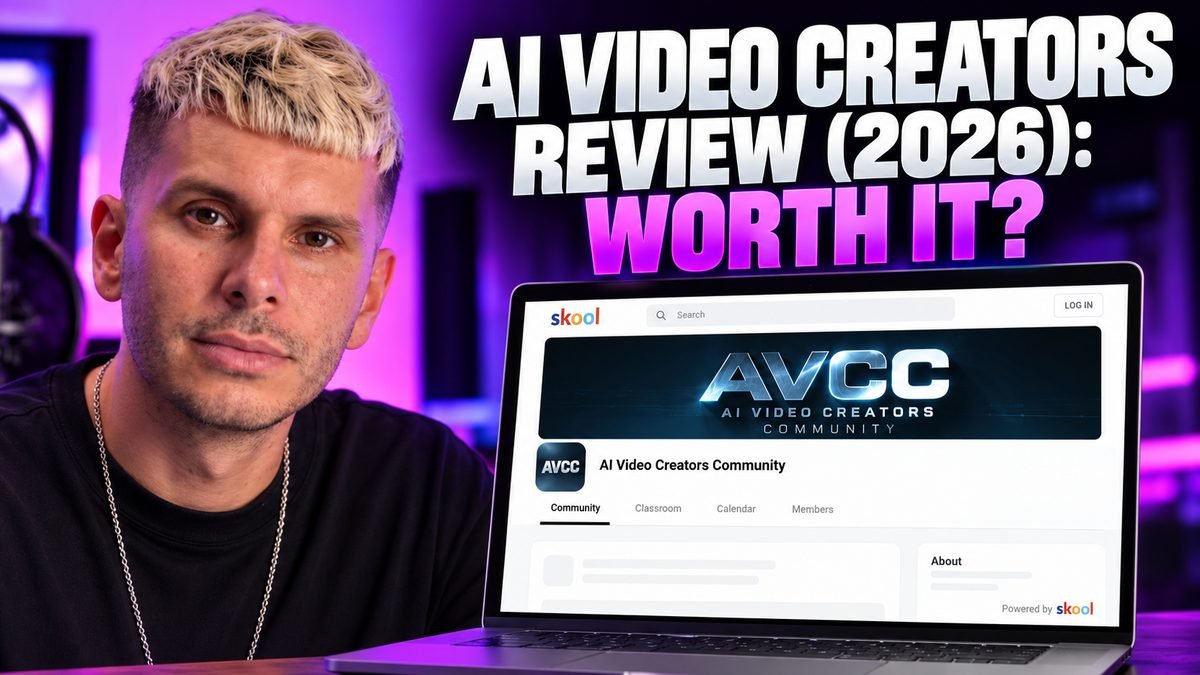 Sergey Kabankov next to the AI Video Creators Skool community page on a laptop