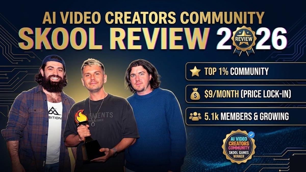 AI Video Creators Community by Sergey Kabankov — Skool review 2026 showing the community about page and curriculum overview