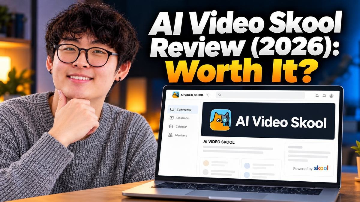 Andy Han next to the AI Video Skool Skool community page on a laptop
