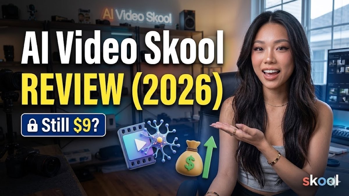AI Video Skool community page on Skool showing the $9 per month price, 2000+ member count, and Andy Han as founder — April 2026 review