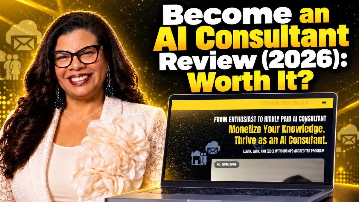 Alicia Lyttle with the Become an AI Consultant page on a laptop