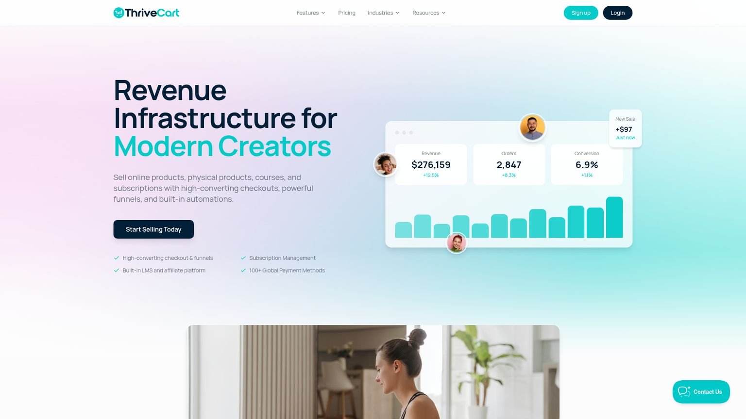 ThriveCart homepage showing checkout optimization tools and one-time pricing for digital product sellers