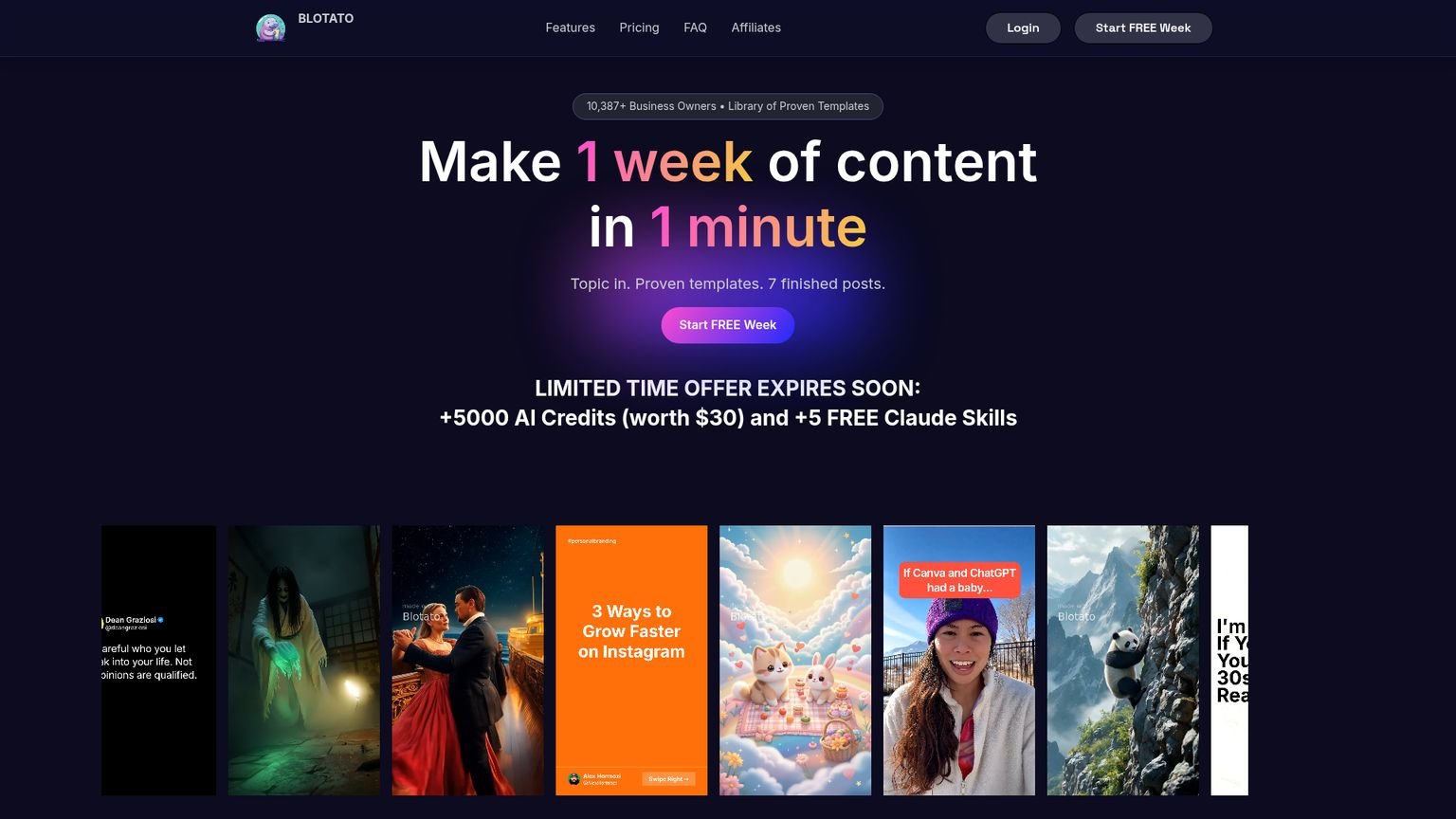Blotato content engine dashboard showing the repurposing interface and social media scheduling calendar