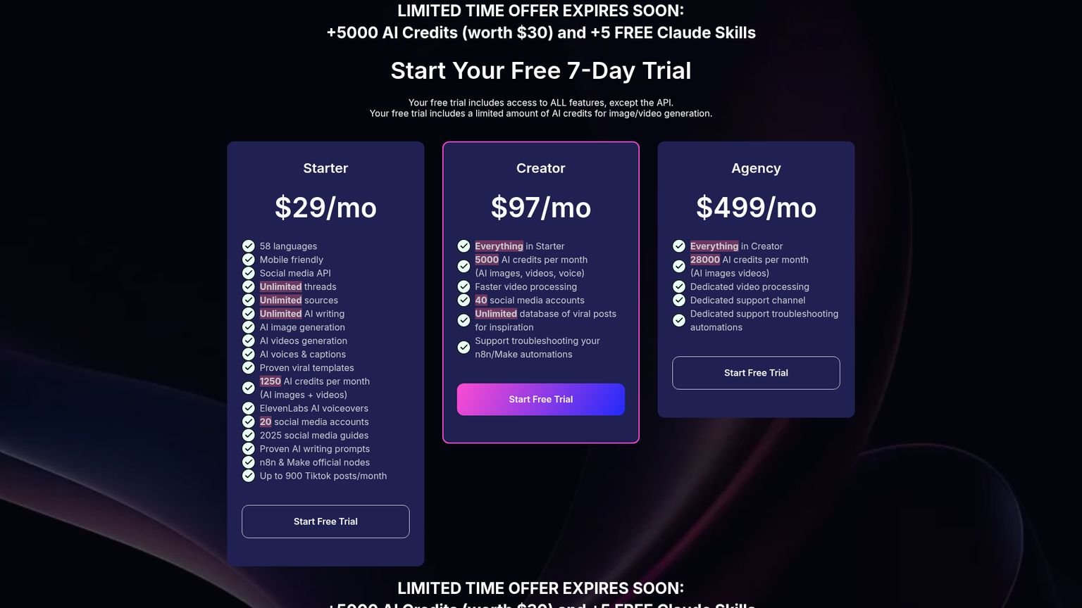 Blotato pricing page showing Starter at $29, Creator at $97, and Agency at $499 per month for AI content automation