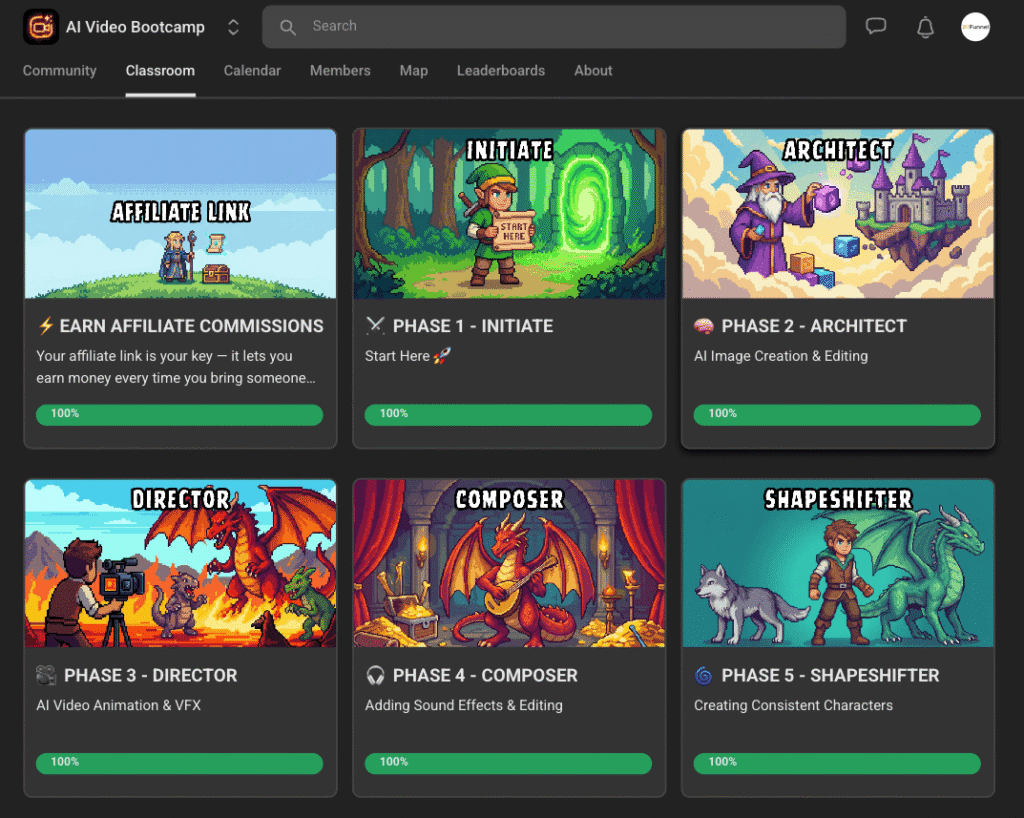 AI Video Bootcamp Skool classroom phases 1-5