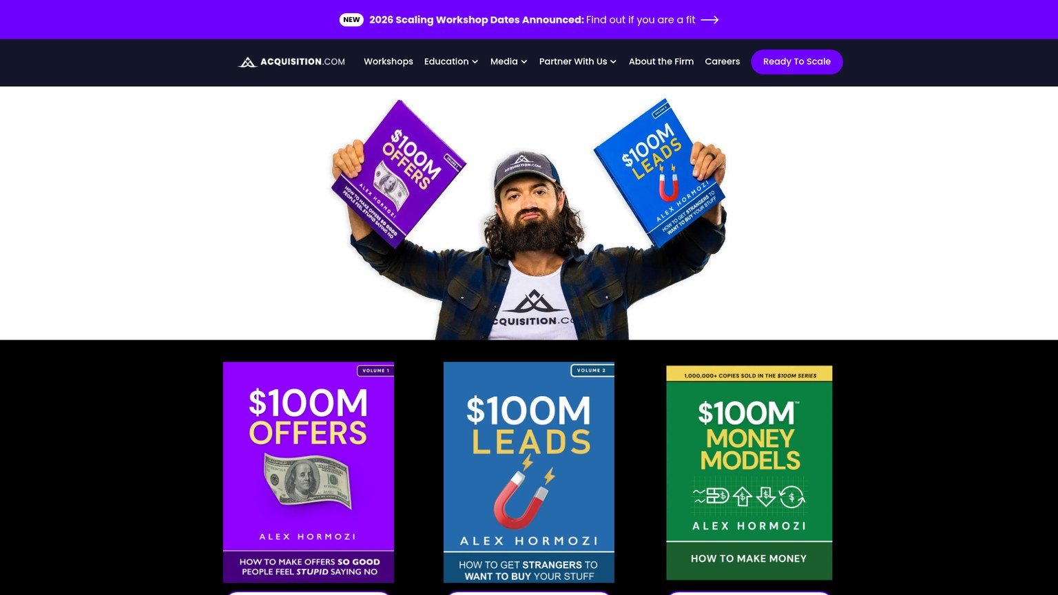 Acquisition.com books page showing Alex Hormozi's $100M Offers and $100M Leads