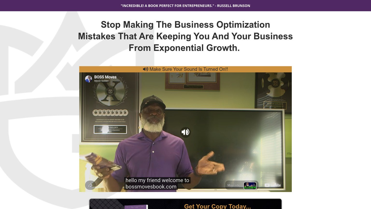 B.O.S.S. Moves sales page showing Myron Golden's video and the Russell Brunson endorsement bar