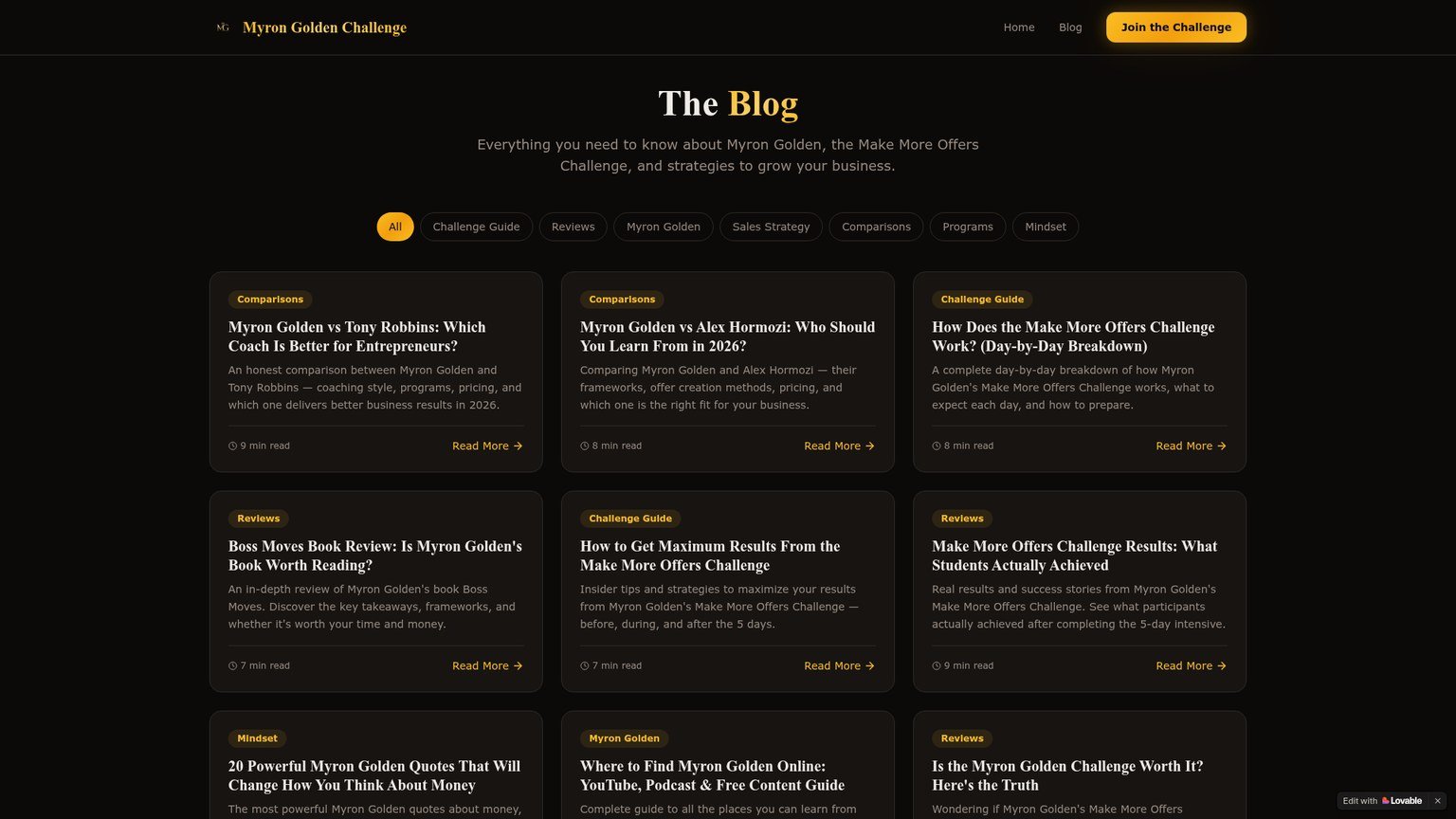 Myron Golden Challenge blog index showing Boss Moves and Make More Offers Challenge articles