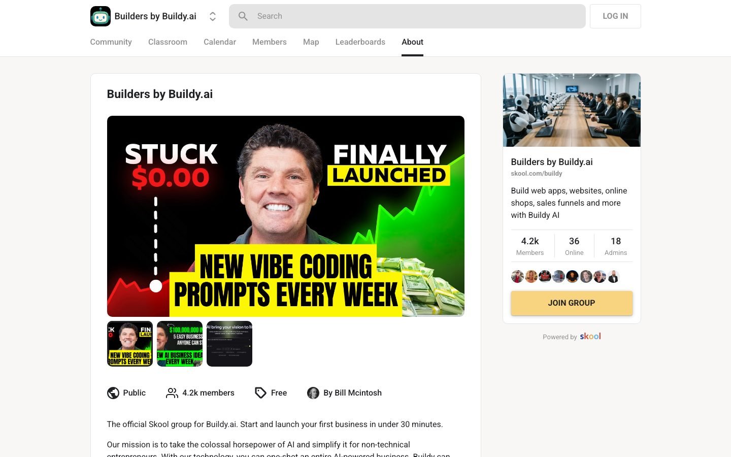 Builders by Buildy.ai Skool page showing 4.2k members and free public access
