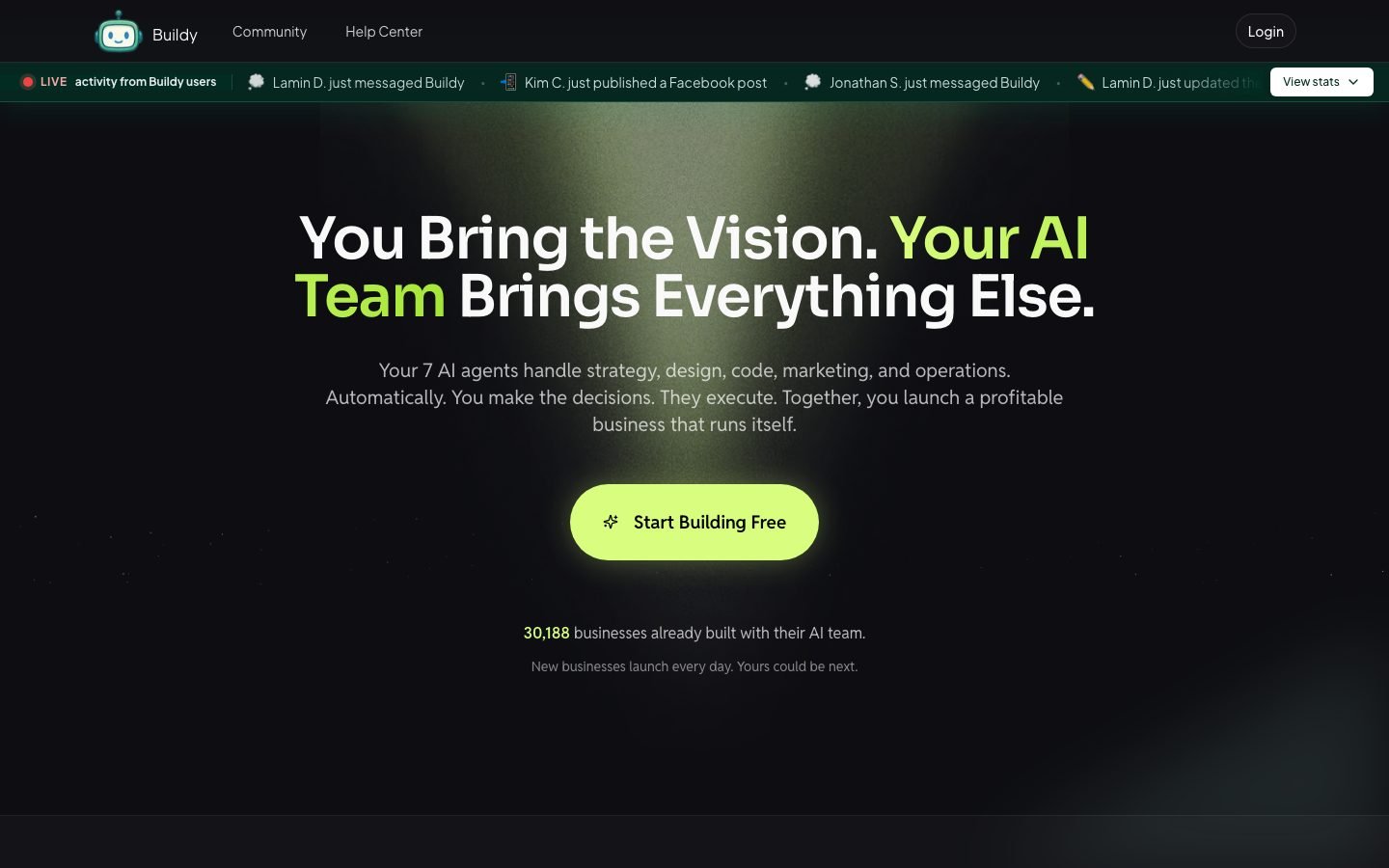 Buildy.ai platform homepage showing the plain-English app builder interface