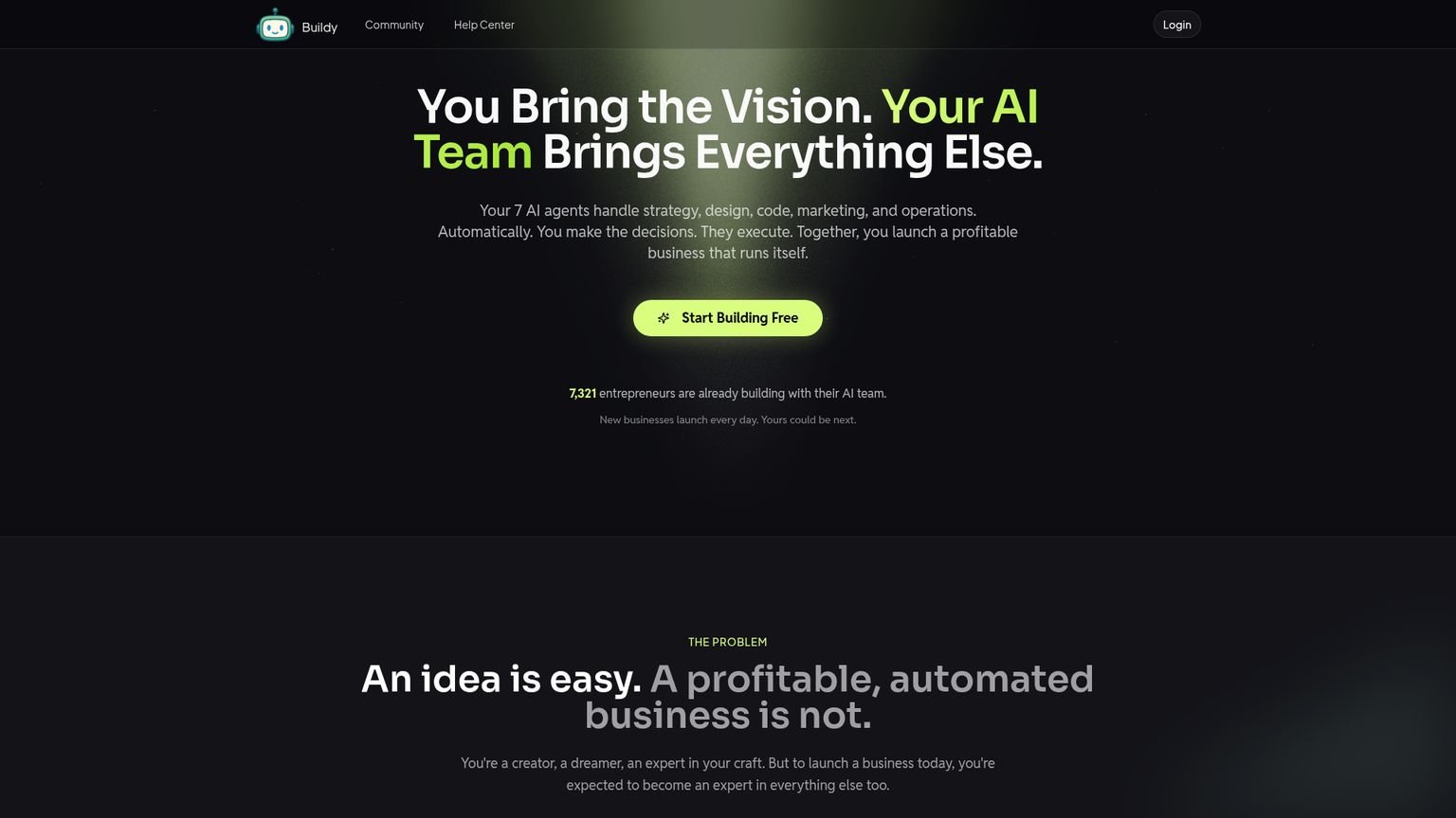 Buildy AI homepage showing the platform's main features and pricing tiers