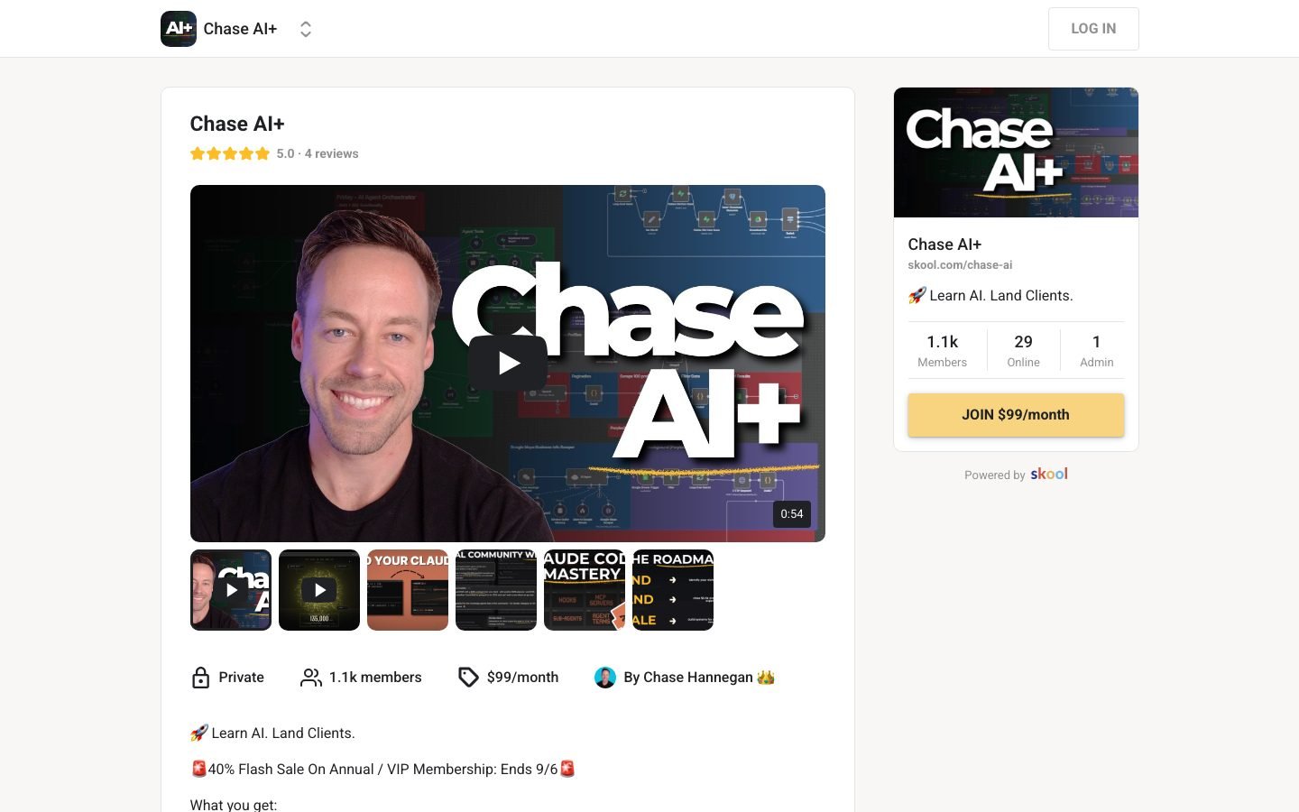 Chase AI+ Skool page showing 1.1k members at $99 per month under founder Chase Hannegan