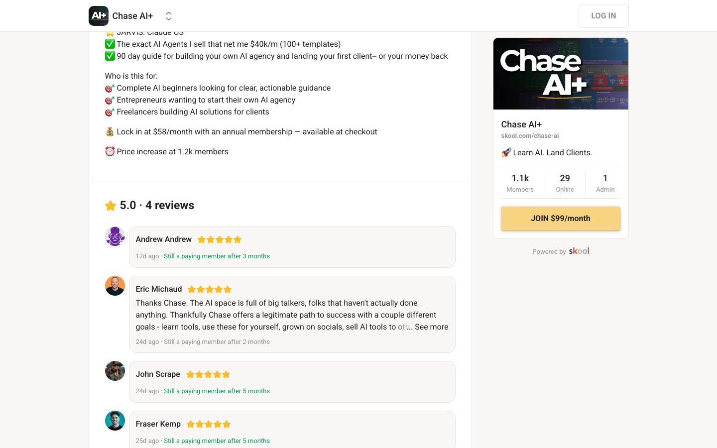 Chase AI+ what-you-get section listing the Learn AI and Land Clients curriculum