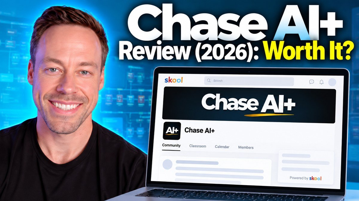 Chase Hannegan next to the Chase AI+ Skool community page on a laptop