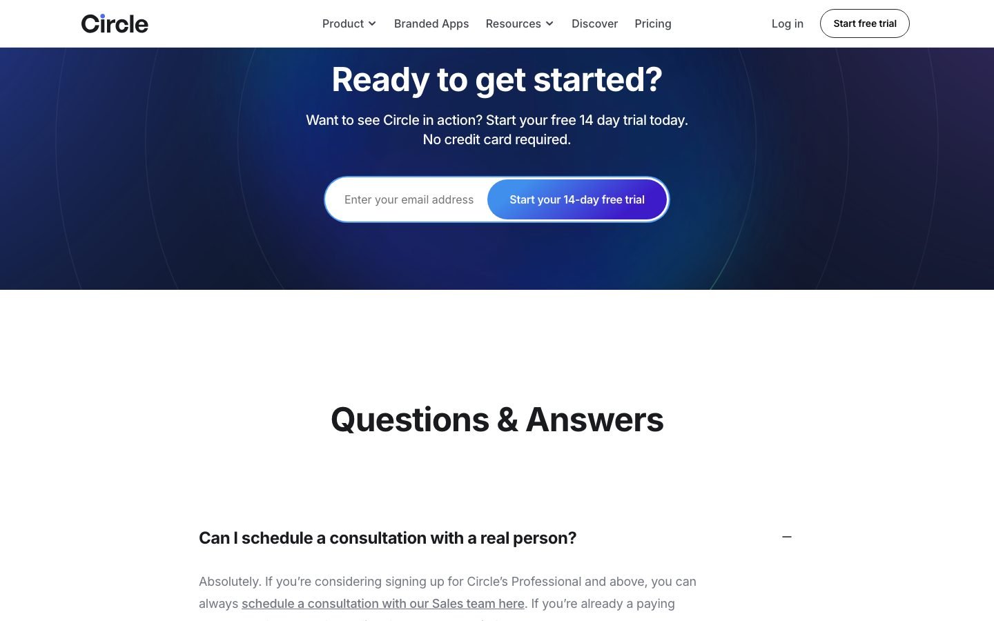 Circle.so pricing FAQ covering billing terms, plan changes and cancellation