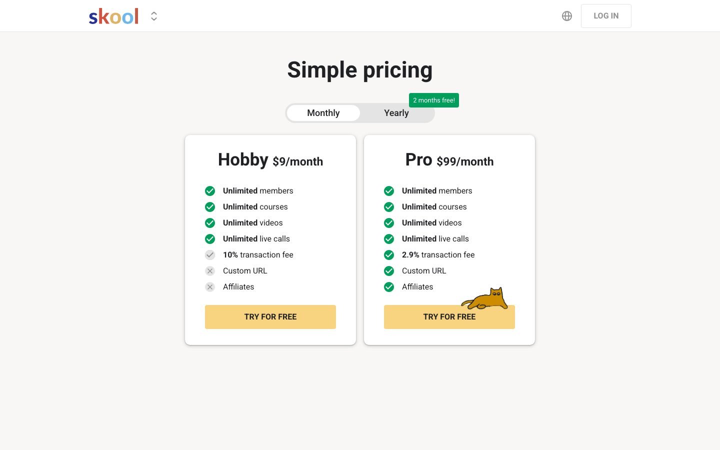 Skool pricing page showing its flat monthly rate against Circle.so's tiered plans