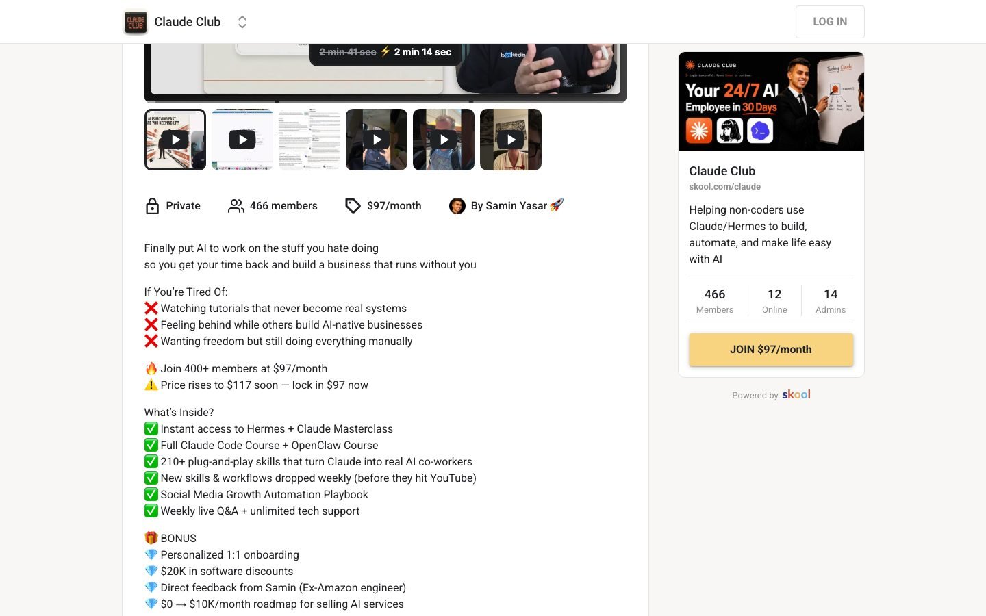 Claude Club pricing panel confirming the current $97 per month rate