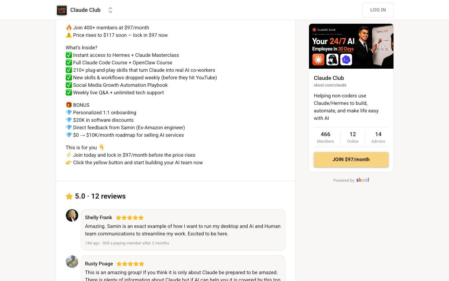 Claude Club what-you-get section listing the included AI automation training