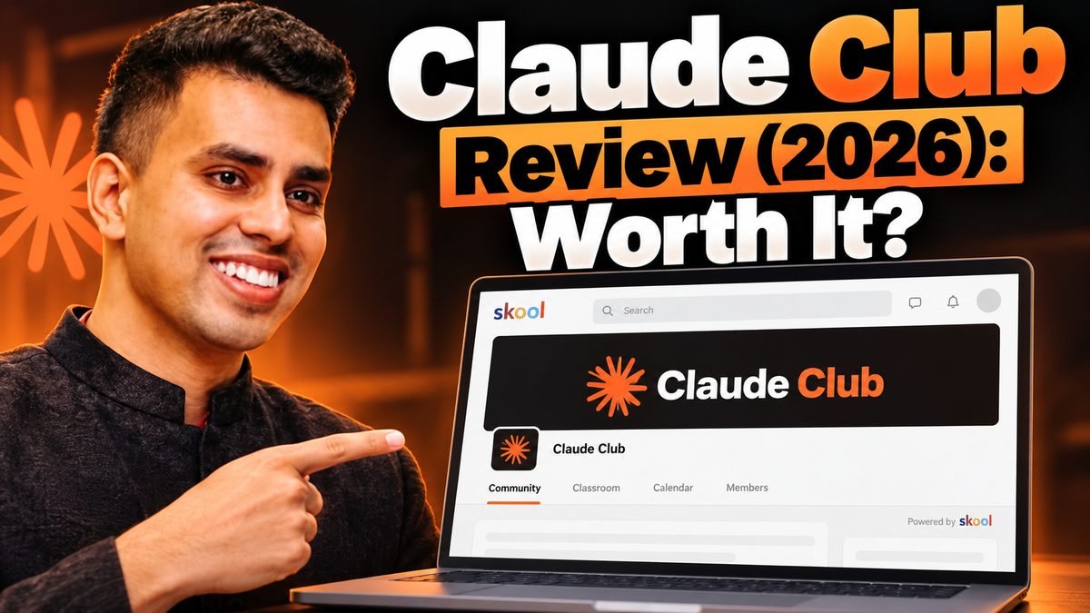 Samin Yasar next to the Claude Club Skool community page on a laptop