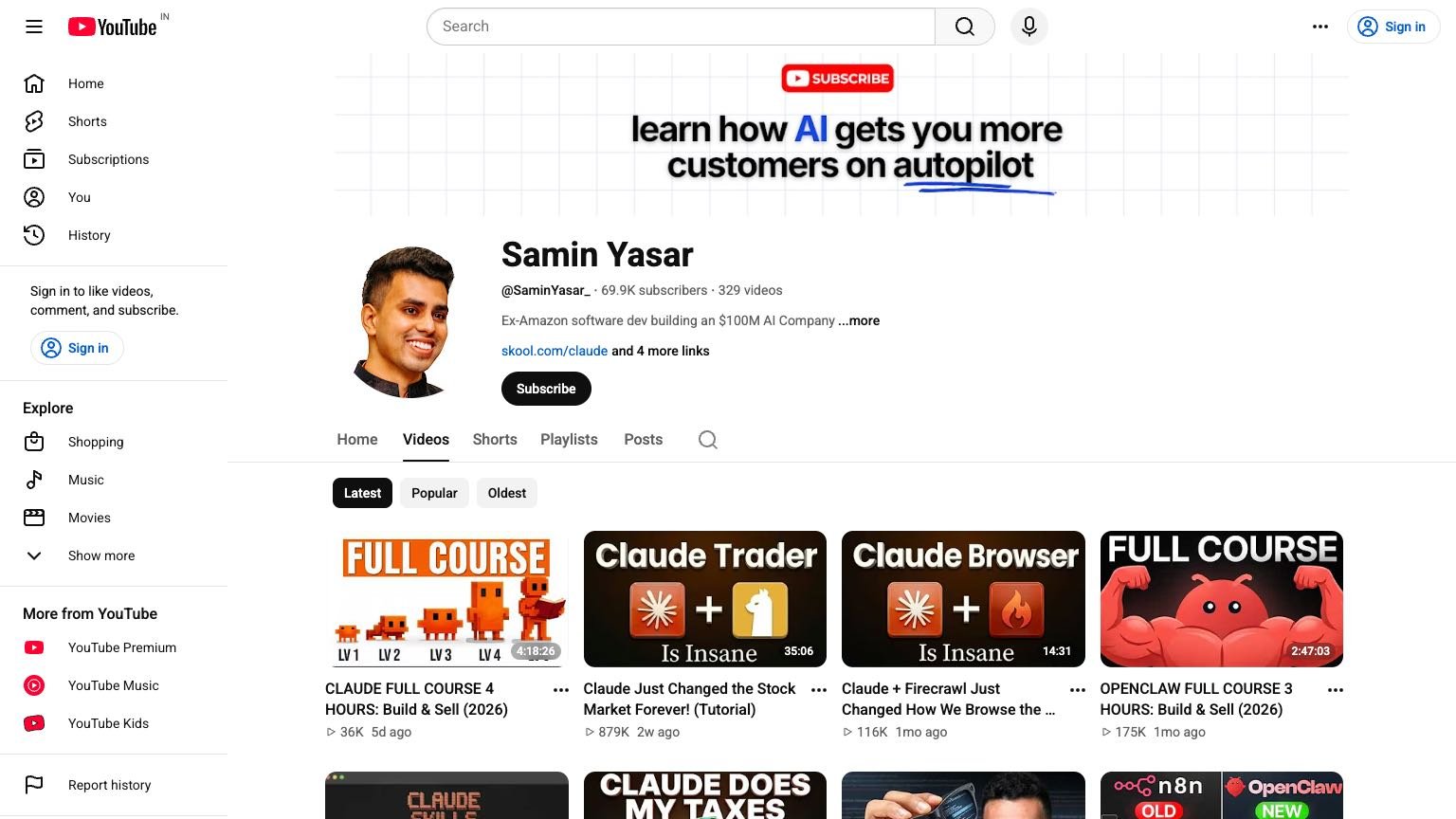 Samin Yasar's public YouTube presence, the track record behind Claude Club