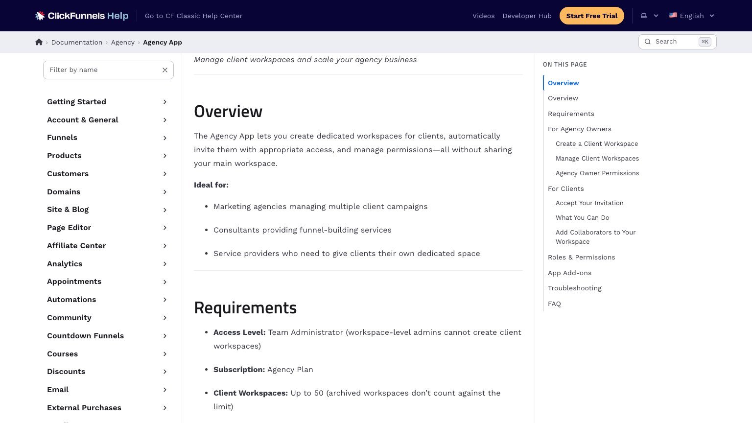 ClickFunnels Agency App help page listing the requirements: Agency Plan subscription and a 50 client workspace ceiling