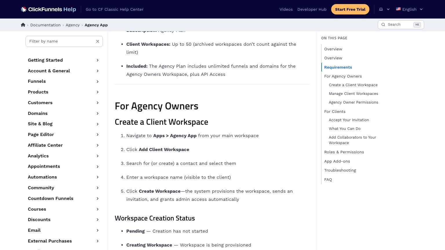 ClickFunnels help steps for creating a client workspace in the Agency App