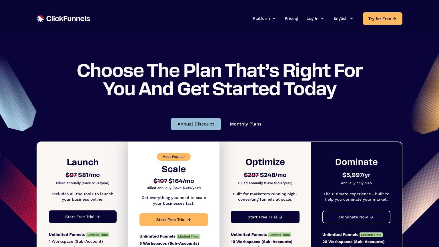 ClickFunnels pricing page in October 2026 showing Launch at $81, Scale at $164 and Optimize at $248 per month billed annually