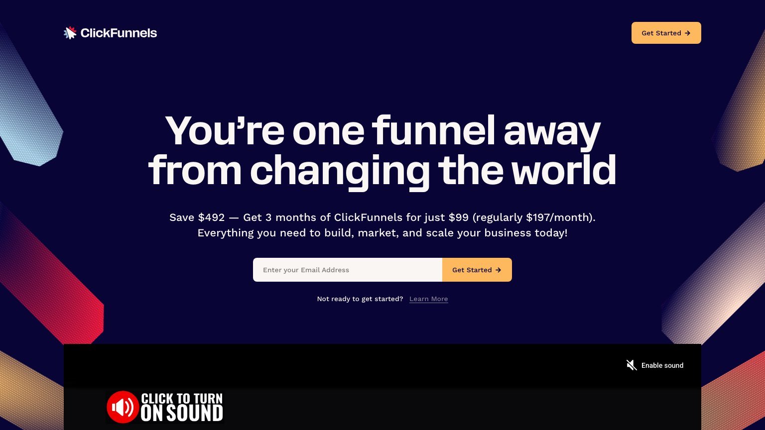 ClickFunnels 3 months for $99 signup page showing the $492 saving on the Scale plan