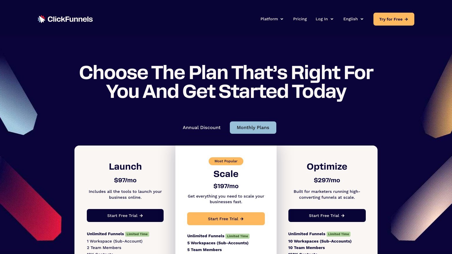 ClickFunnels pricing page on Monthly Plans, showing Launch at $97, Scale at $197 and Optimize at $297 per month