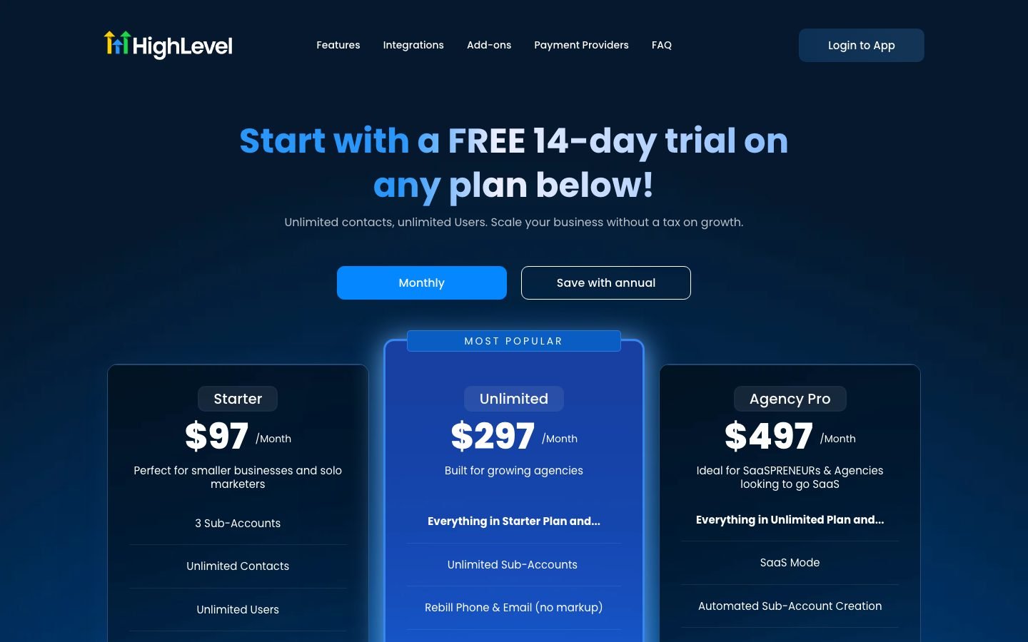 GoHighLevel pricing page shown as the agency-focused alternative to ClickFunnels