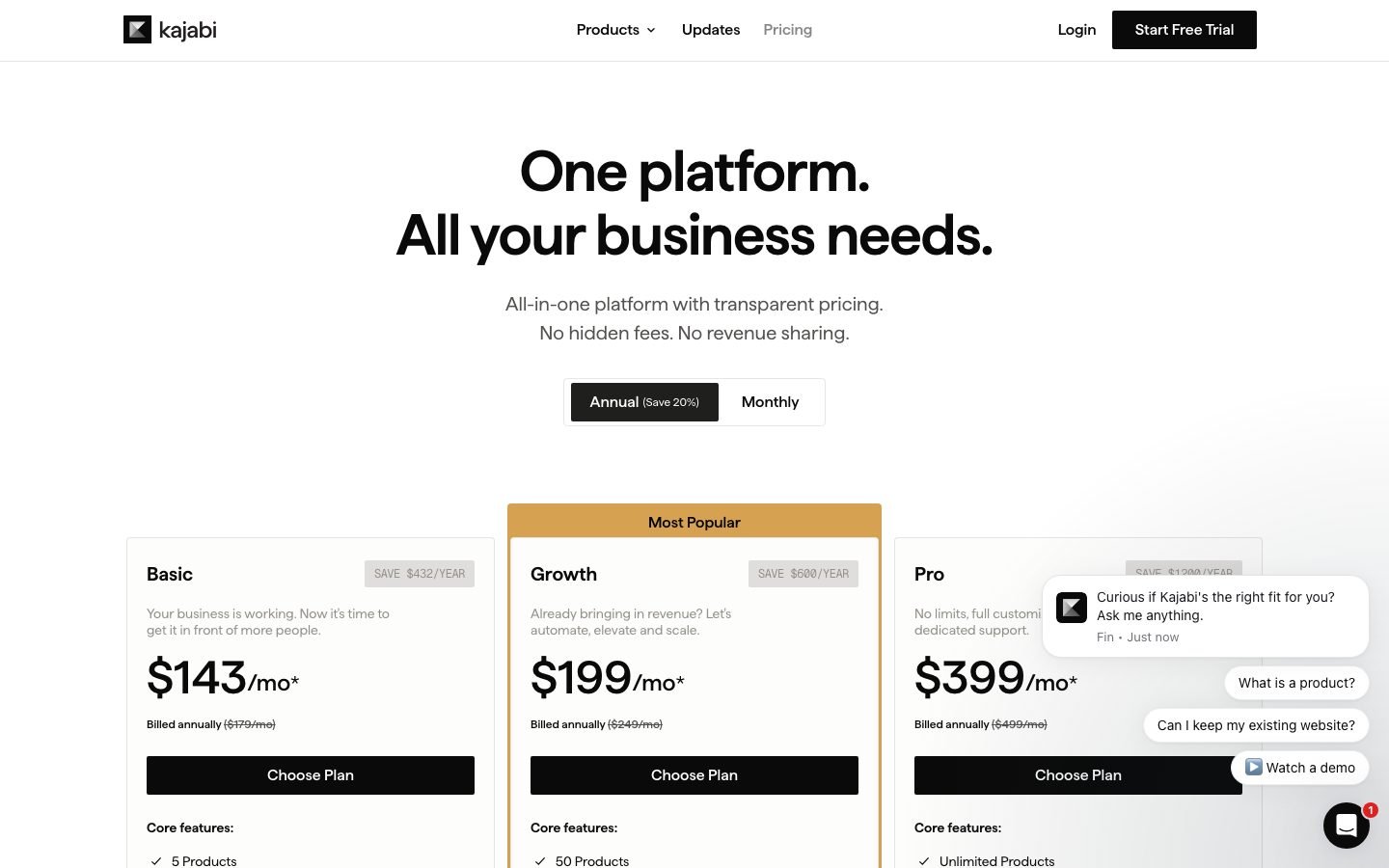 Kajabi pricing page shown as a direct comparison against ClickFunnels