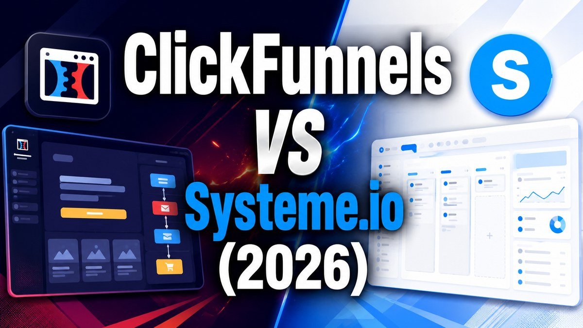 ClickFunnels and Systeme.io pricing plans compared side by side, showing the $17 Startup plan against the $97 Launch plan in 2026