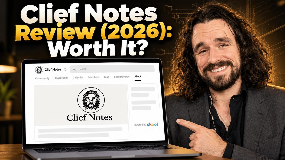 Jake Van Clief next to the Clief Notes Skool community page on a laptop