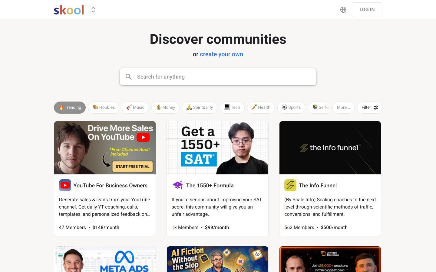 Skool discovery listing used to compare Clief Notes against other AI communities