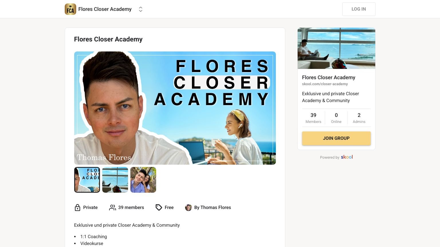 Closer Academy Skool community homepage showing member count and training modules