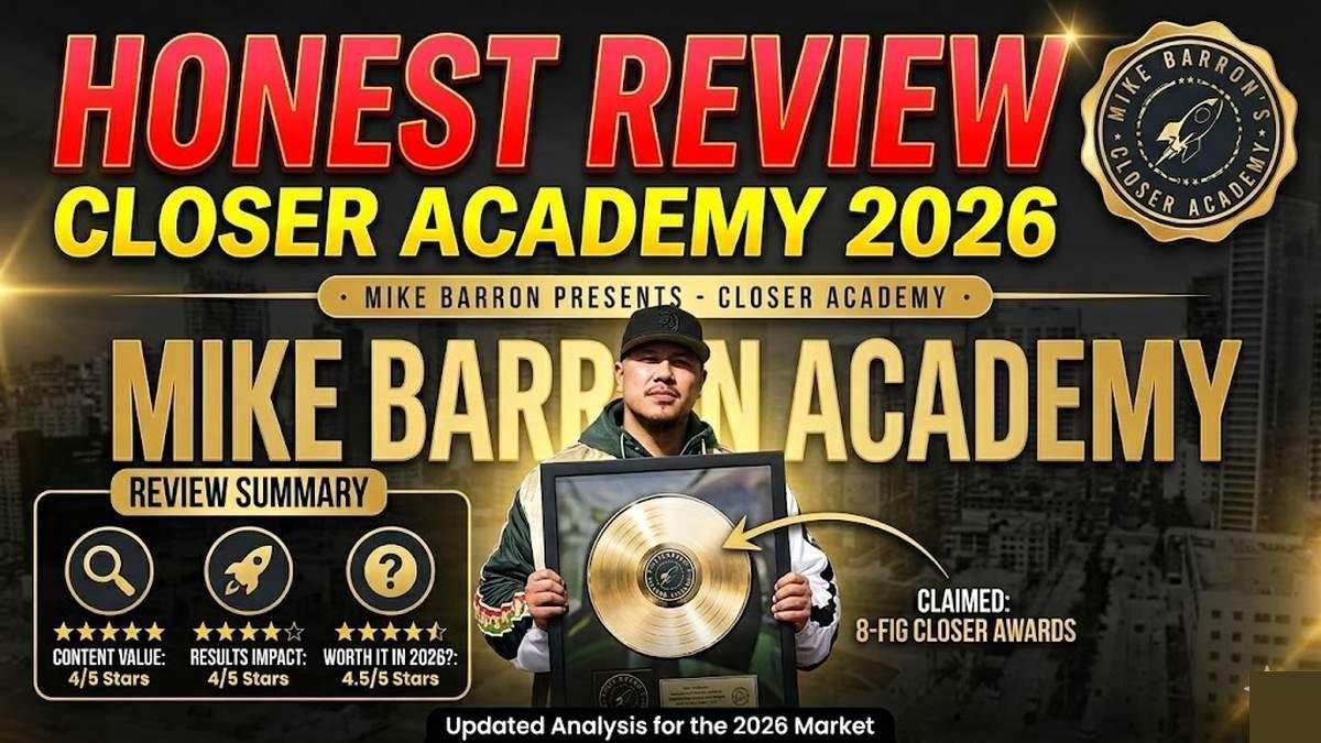 Mike Barron Closer Academy Skool community review 2026 — laptop showing high-ticket sales training dashboard