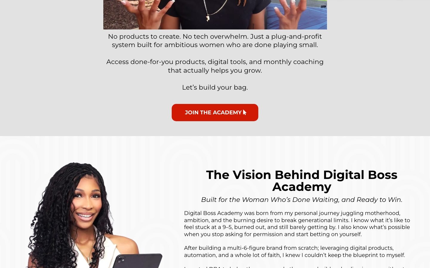 Digital Boss Academy sales page showing the plug-and-profit positioning and headline promise