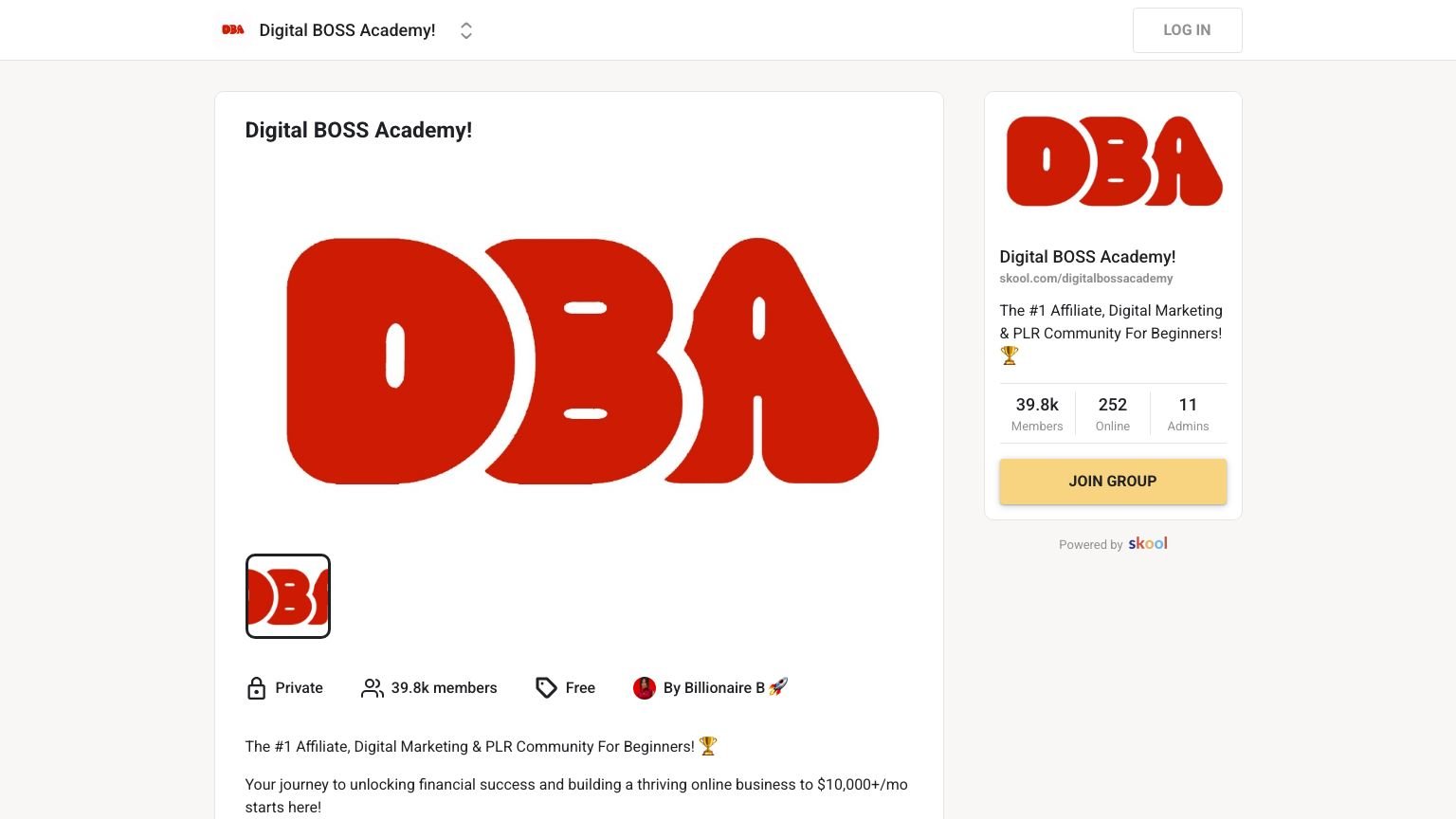 Digital Boss Academy Skool community page showing member count and pricing tiers