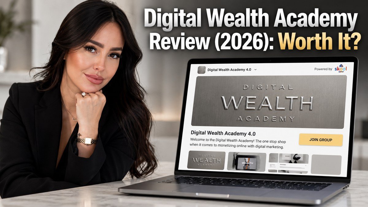 Rachell Jova next to the Digital Wealth Academy Skool community page on a laptop