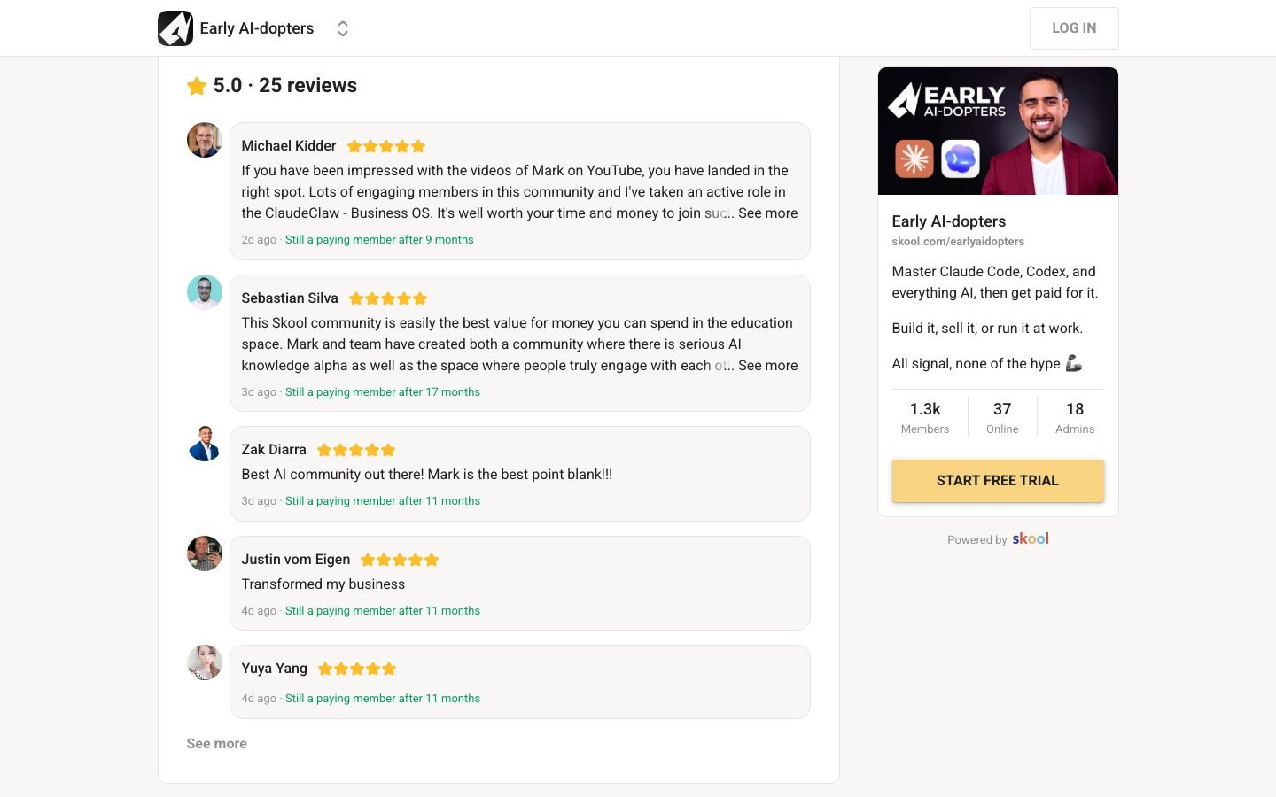 Early AI-dopters community detail showing member activity and the 5.0 rating from 25 reviews